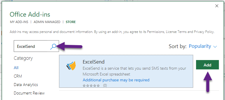 Search for ExcelSend in Microsoft Office Add-Ins