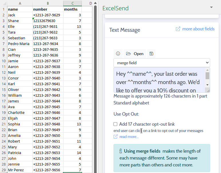 The ExcelSend task pane open beside a spreadsheet of names, numbers and months, composing a message with merge fields