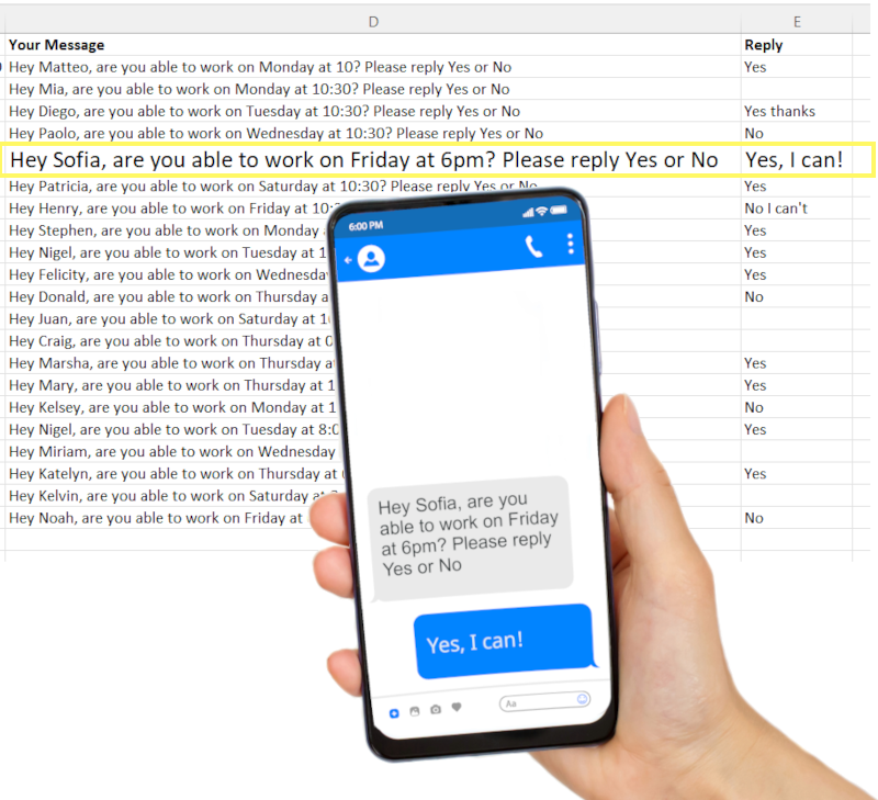 Two-way SMS between a spreadsheet and a mobile phone