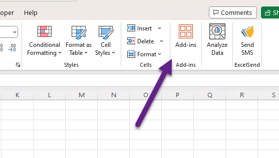 Showing the Add-ins button on the Microsoft Excel ribbon menu