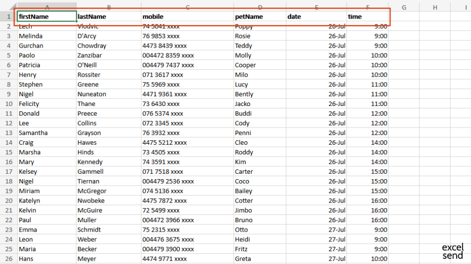 A spreadsheet with headers in row 1 and one client per row